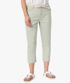 GEMO Pantacourt femme  en toile extensible avec ceinture tressée Vert