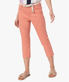 GEMO Pantacourt femme  en toile extensible avec ceinture tressée Orange