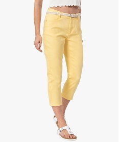 GEMO Pantacourt femme  en toile extensible avec ceinture tressée Jaune