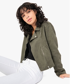 GEMO Blouson femme court en suédine esprit biker Vert