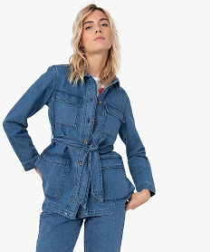 GEMO Veste en jean femme coupe saharienne Bleu