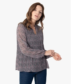 GEMO Blouse femme à manches longues avec buste plissé Imprimé
