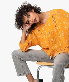 GEMO Blouse femme brodée à manches longues coupe ample Jaune