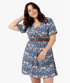 GEMO Robe imprimée à manches courtes et col V femme grande taille Blanc