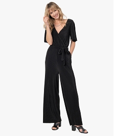 combinaison pantalon femme en toile gaufree unie noirF895301_1