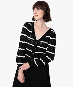 GEMO Gilet femme à rayures en maille ajourée Noir