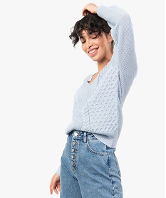 GEMO Pull femme à col V en maille fantaisie Bleu