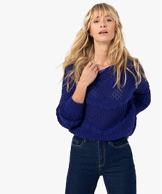 GEMO Pull femme court en maille ajourée façon macramé Bleu