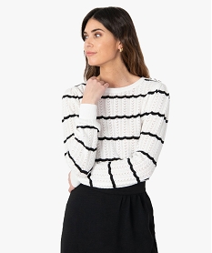 GEMO Pull femme rayé en maille ajourée Beige