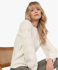 GEMO Pull femme avec larges manches fantaisie Beige