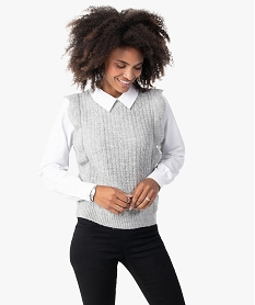 pull femme 2 en 1 avec col et manches chemise gris pullsF902401_1