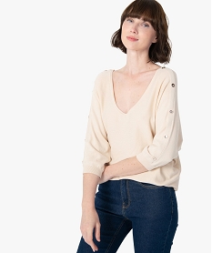 GEMO Pull femme avec manches chauve-souris et col V Beige