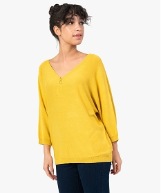 GEMO Pull femme avec col V zippé et manches chauve-souris Jaune