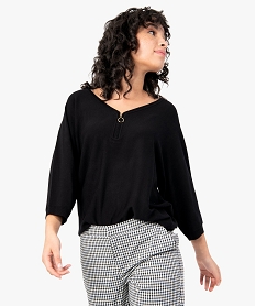 GEMO Pull femme avec col V zippé et manches chauve-souris Noir