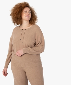 GEMO Pull femme grande taille avec col rond ajustable par cordon Beige