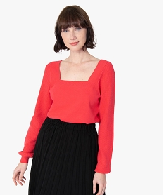 GEMO Pull femme avec col carré et manches fantaisie Rouge