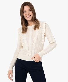 GEMO Pull femme en maille fantaisie avec volants Beige