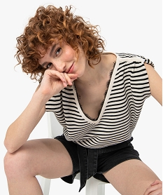 GEMO Pull femme sans manches rayé à col V - LuluCastagnette Imprimé