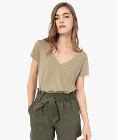 GEMO Tee-shirt femme à manches courtes et grand col V Vert