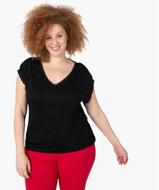 GEMO Tee-shirt femme grande taille à manches courtes et col V et dentelle noir standard