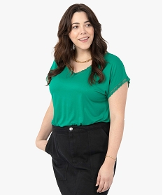 GEMO Tee-shirt femme grande taille à manches courtes et col V et dentelle Vert