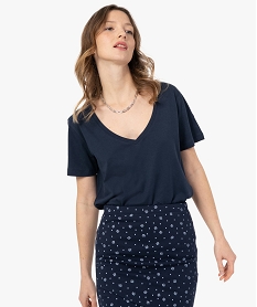 tee-shirt femme a col v et manches courtes bleuF908001_1