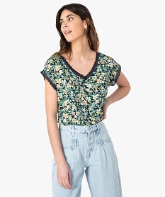 tee-shirt femme imprime avec finitions dentelle bleuF910101_1