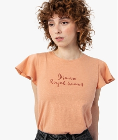 tee-shirt femme a manches volantees avec message roseF912201_2