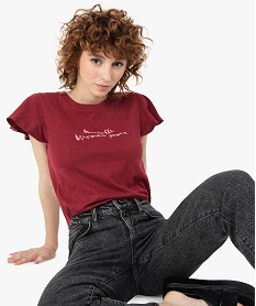 tee-shirt femme a manches volantees avec message violetF912301_1