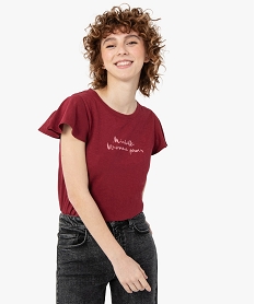 tee-shirt femme a manches volantees avec message violetF912301_2