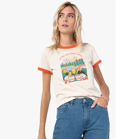 GEMO Tee-shirt femme avec motif et biais contrastants - Disney Beige