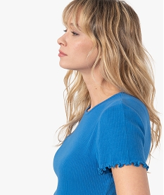 GEMO Tee-shirt femme en maille côtelée coupe courte Bleu