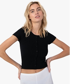 tee-shirt femme court en maille cotelee avec boutons noirF913701_2