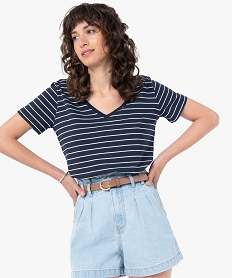 GEMO Tee-shirt femme col V à motifs Bleu