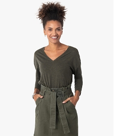 GEMO Tee-shirt femme pailleté à col V et manches 34 Vert