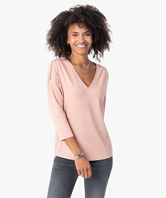 GEMO Tee-shirt femme pailleté à col V et manches 34 Rose