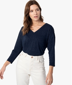 GEMO Tee-shirt femme pailleté à col V et manches 34 Bleu