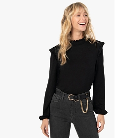 GEMO Tee-shirt femme en maille avec fronces aux épaules et au col Noir