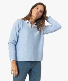 GEMO Tee-shirt femme à manches longues avec col V Bleu