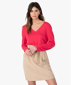 GEMO Tee-shirt femme en maille à col V en dentelle Rose