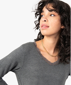 GEMO Tee-shirt femme à manches longues et col V en dentelle noir chine