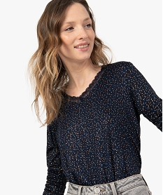 tee-shirt femme imprime avec col v en dentelle bleuF917901_2