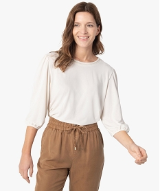 GEMO Tee-shirt femme à manches ¾ froncées et col fantaisie Blanc