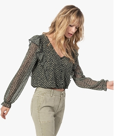 GEMO Blouse femme imprimée bi-matières coupe courte Vert