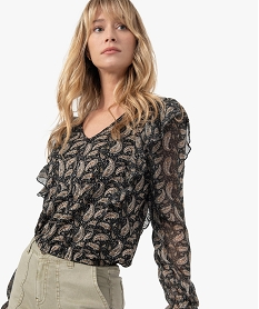 GEMO Blouse femme imprimée bi-matières coupe courte Noir