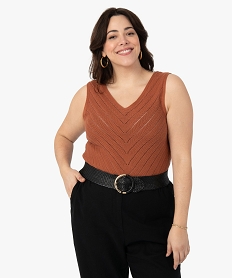 GEMO Débardeur femme grande taille en maille ajourée à double col V Brun