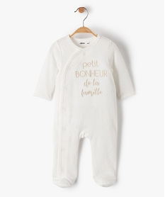 GEMO Pyjama bébé en velours avec message ouverture devant Blanc