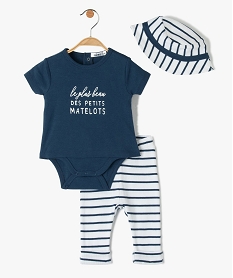 GEMO Ensemble bébé garçon 3 pièces : body + pantalon + bob à rayures Bleu