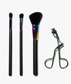 GEMO Kit maquillage 4 pièces en métal irisé : pinceaux et recourbe-cils Multicolore