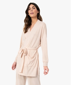 GEMO Veste dintérieur femme en maille duveteuse avec ceinture à nouer Beige